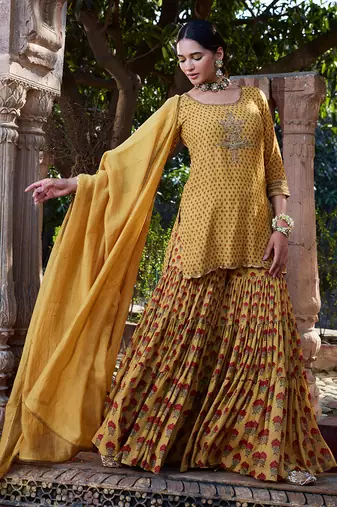 Yellow Printed Chanderi Gharara Set