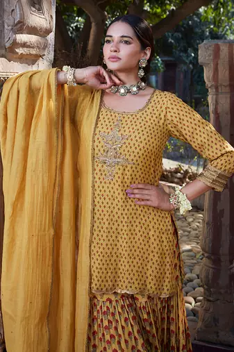 Yellow Printed Chanderi Gharara Set