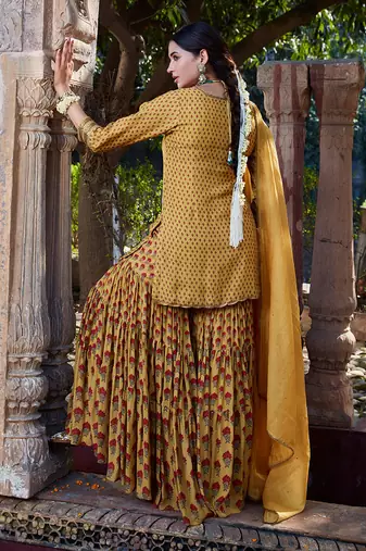 Yellow Printed Chanderi Gharara Set