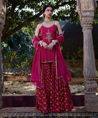 Pink Printed Chanderi Gharara Set 1