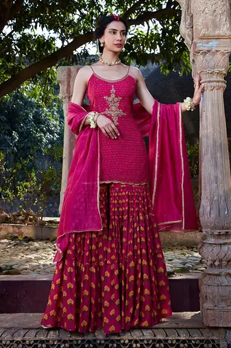 Pink Printed Chanderi Gharara Set