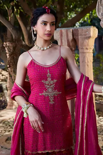 Pink Printed Chanderi Gharara Set