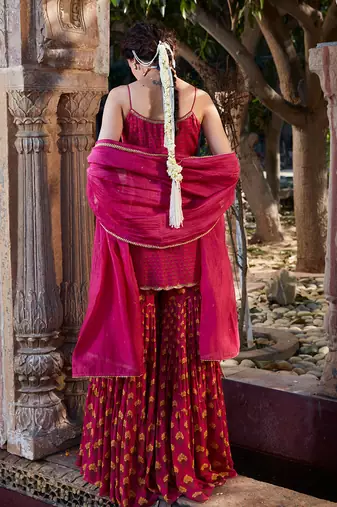 Pink Printed Chanderi Gharara Set