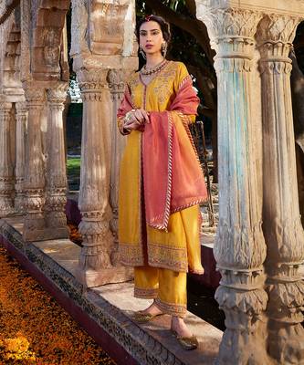 Yellow Hand Embroidered Front Open Kurta Set 1