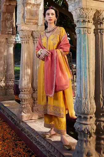 Yellow Hand Embroidered Front Open Kurta Set