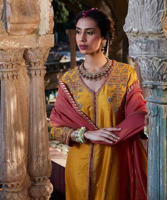 Yellow Hand Embroidered Front Open Kurta Set 3