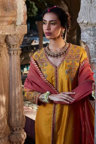 Yellow Hand Embroidered Front Open Kurta Set