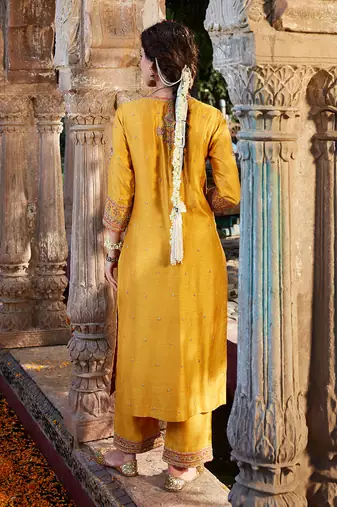 Yellow Hand Embroidered Front Open Kurta Set