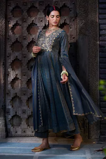 Teal Tissue Chanderi Dori         Anarkali