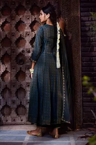 Teal Tissue Chanderi Dori         Anarkali