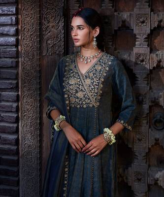 Teal Tissue Chanderi Dori         Anarkali 4