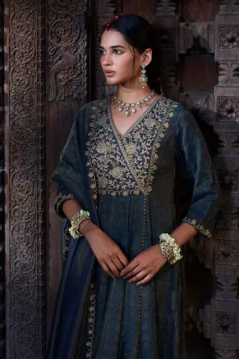 Teal Tissue Chanderi Dori         Anarkali