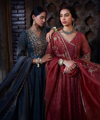 Teal Tissue Chanderi Dori         Anarkali 5