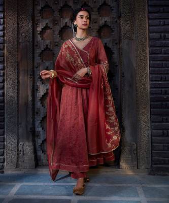 Rust Tissue Chanderi Dori Angrakha 2