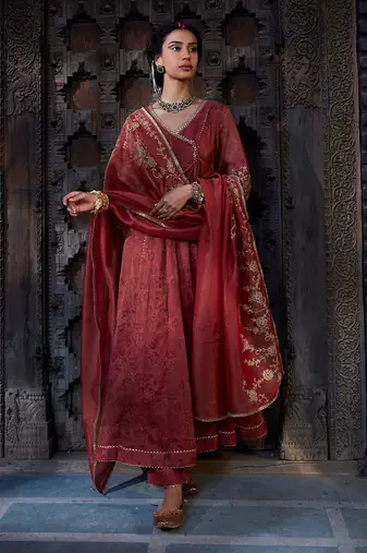 Rust Tissue Chanderi Dori Angrakha