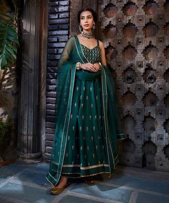 Teal Zari Embroidered Anarkli Paired With Organza Dupatta 1
