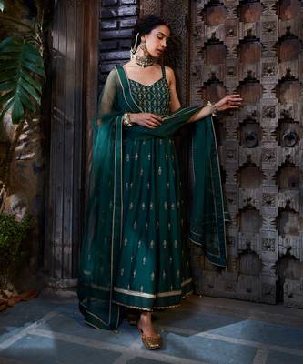 Teal Zari Embroidered Anarkli Paired With Organza Dupatta 2