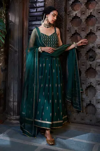 Teal Zari Embroidered Anarkli Paired With Organza Dupatta