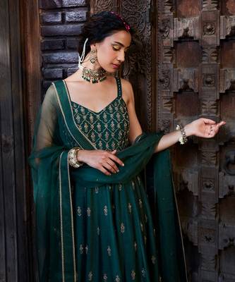 Teal Zari Embroidered Anarkli Paired With Organza Dupatta 3