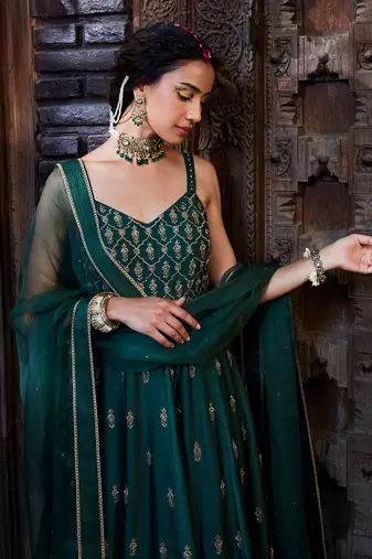 Teal Zari Embroidered Anarkli Paired With Organza Dupatta