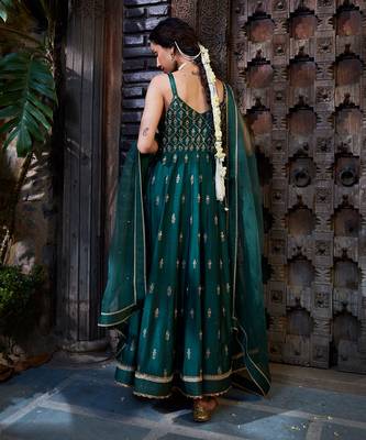 Teal Zari Embroidered Anarkli Paired With Organza Dupatta 4