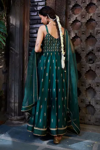 Teal Zari Embroidered Anarkli Paired With Organza Dupatta