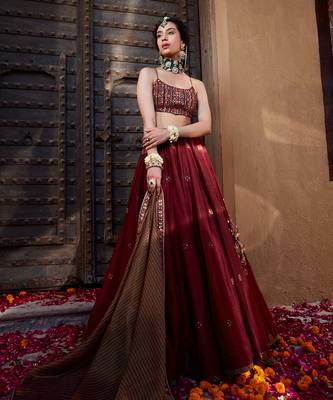 Maroon Multi  Thread And Mirror Work Lehenga 1