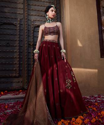 Maroon Multi  Thread And Mirror Work Lehenga 2