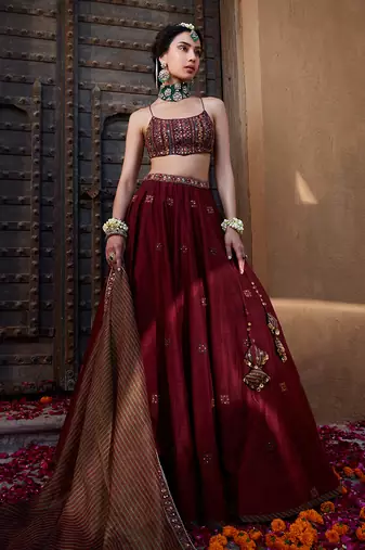 Maroon Multi  Thread And Mirror Work Lehenga