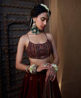 Maroon Multi  Thread And Mirror Work Lehenga 3