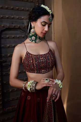 Maroon Multi  Thread And Mirror Work Lehenga