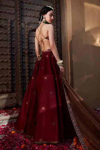 Maroon Multi  Thread And Mirror Work Lehenga