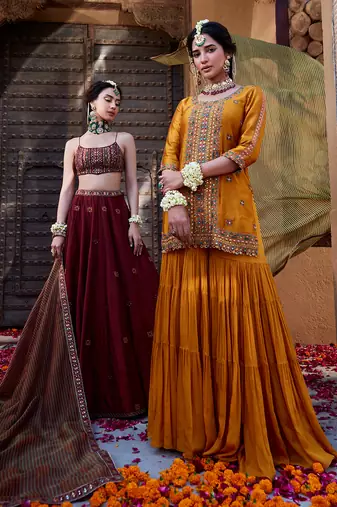 Maroon Multi  Thread And Mirror Work Lehenga