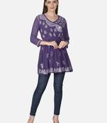 Purple embroidered georgette chikankari-kurtis