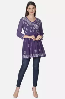 Purple embroidered georgette chikankari-kurtis