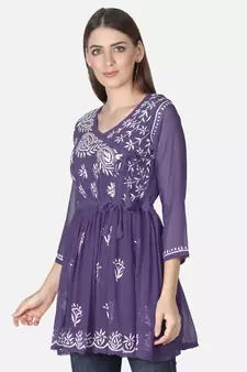 Purple embroidered georgette chikankari-kurtis