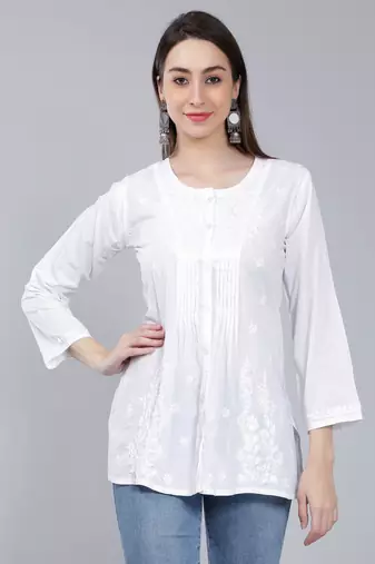 White embroidered cotton chikankari-kurtis