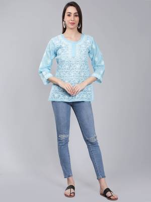 Blue embroidered cotton chikankari-kurtis 1