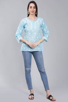 Blue embroidered cotton chikankari-kurtis