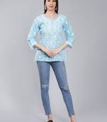 Blue embroidered cotton chikankari-kurtis