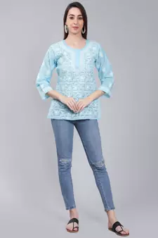 Blue embroidered cotton chikankari-kurtis