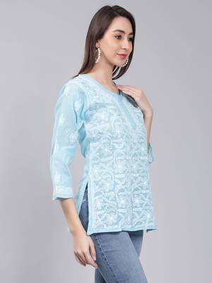 Blue embroidered cotton chikankari-kurtis 3