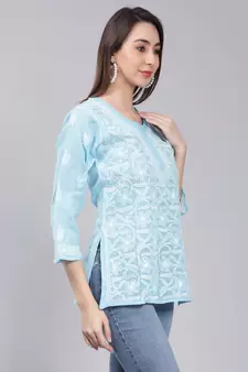 Blue embroidered cotton chikankari-kurtis