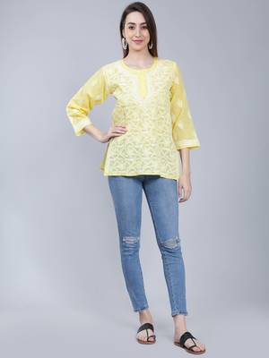 Yellow embroidered cotton chikankari-kurtis 3