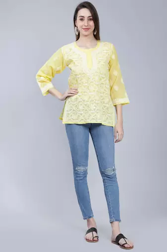 Yellow embroidered cotton chikankari-kurtis
