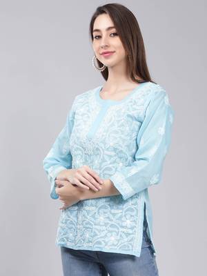 Blue embroidered cotton chikankari-kurtis 4
