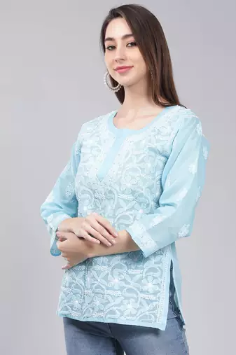 Blue embroidered cotton chikankari-kurtis
