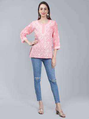 Peach embroidered cotton chikankari-kurtis 2