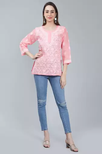 Peach embroidered cotton chikankari-kurtis