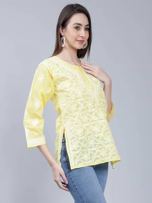 Yellow embroidered cotton chikankari-kurtis 1